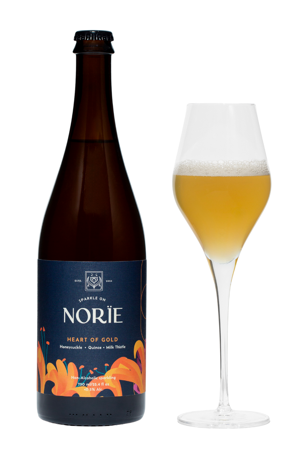 Norïe Heart of Gold non-alcoholic sparkling botanical drink bottle with glass