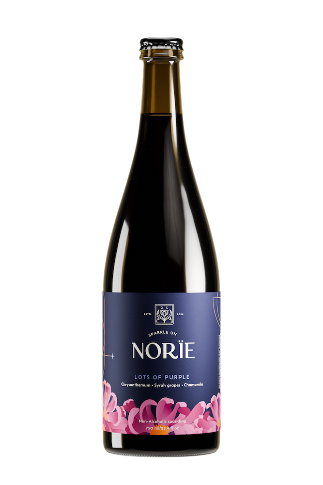 Bottle of Norïe Lots of Purple non-alcoholic sparkling drink with purple flower illustration on the label