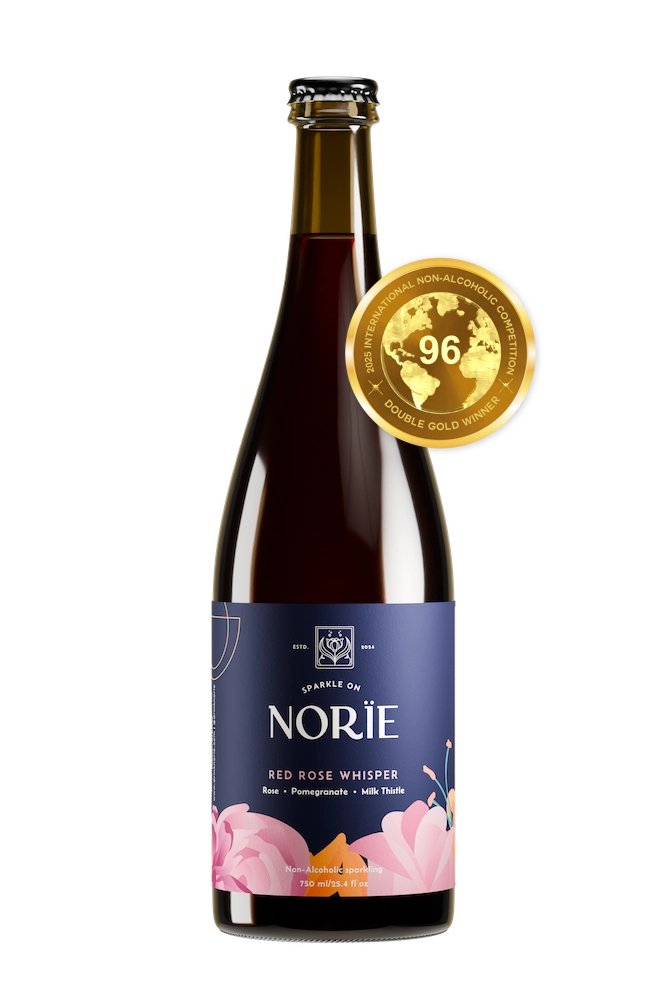 Bottle of Norïe Red Rose Whisper non-alcoholic sparkling drink with 96-point award medal