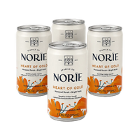 Four 7.3 fl oz cans of Norïe Heart of Gold sparkling non-alcoholic drink arranged in a cluster.