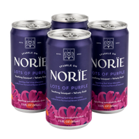 Four 7.3 fl oz cans of Norïe Lots of Purple sparkling non-alcoholic drink arranged in a 2x2 cluster