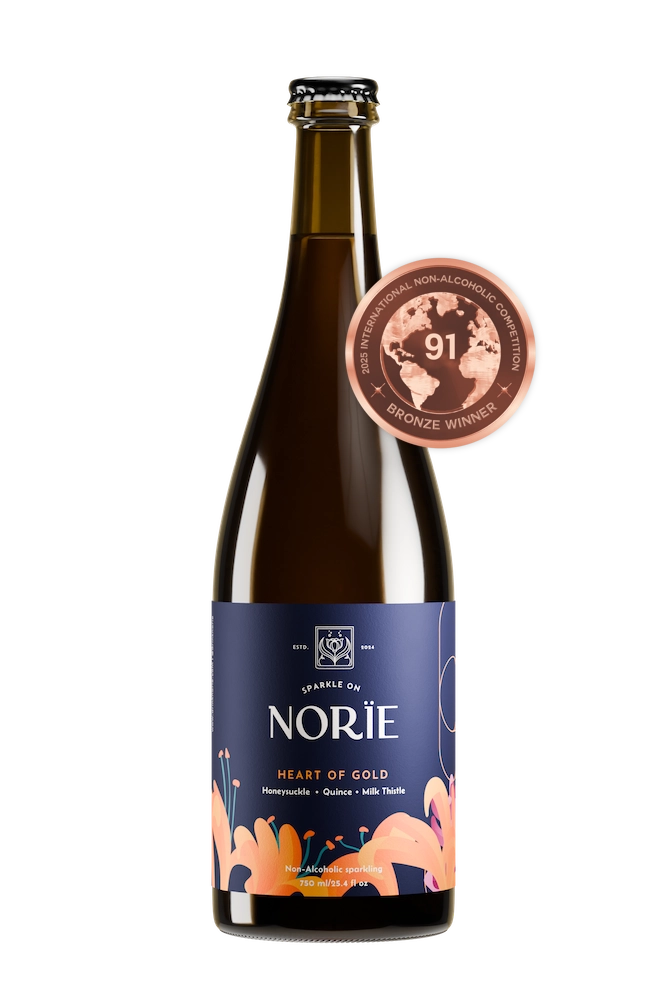 Bottle of Norïe Heart of Gold non-alcoholic sparkling drink with 91-point award medal