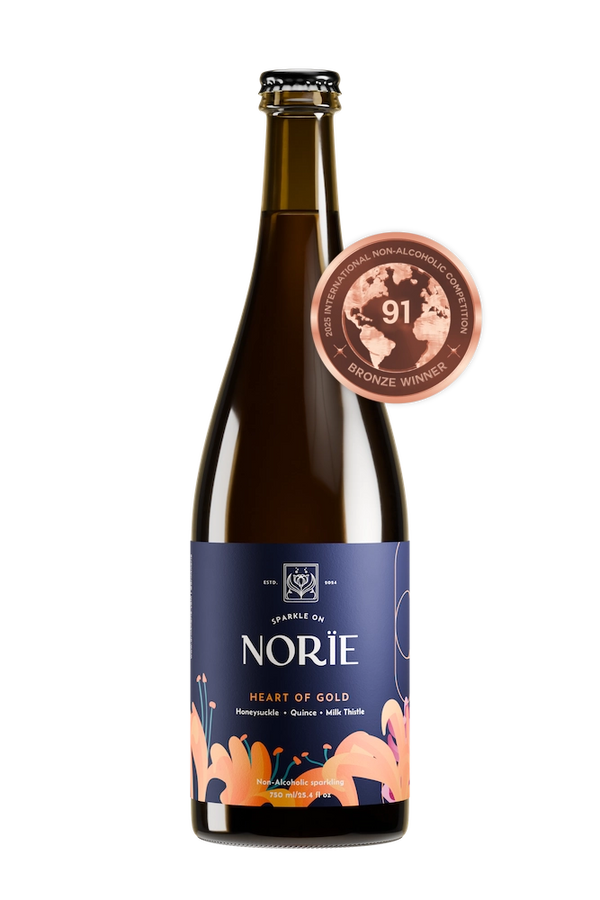 Bottle of Norïe Heart of Gold non-alcoholic sparkling drink with 91-point award medal