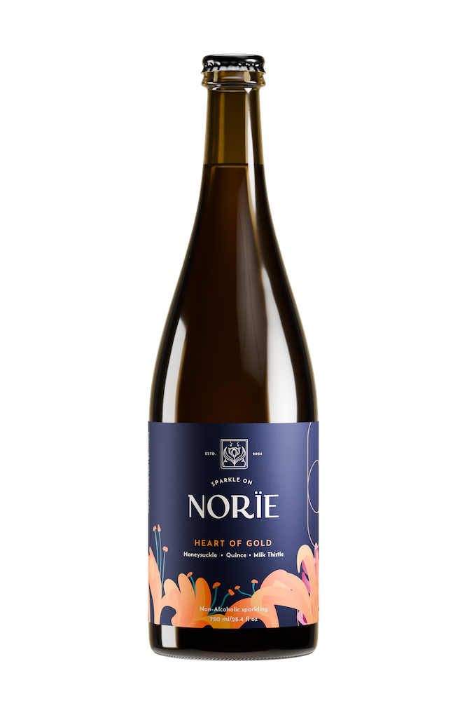Bottle of Norïe Heart of Gold non-alcoholic sparkling drink with orange flower illustration on the label