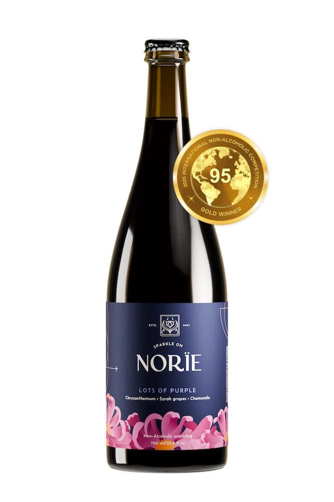 A bottle of Norïe Lots of Purple winning sparkling botanical drink with 95-point award-medal