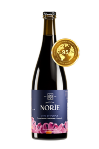 A bottle of Norïe Lots of Purple winning sparkling botanical drink with 95-point award-medal