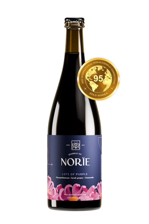 A bottle of Norïe Lots of Purple winning sparkling botanical drink with 95-point award-medal