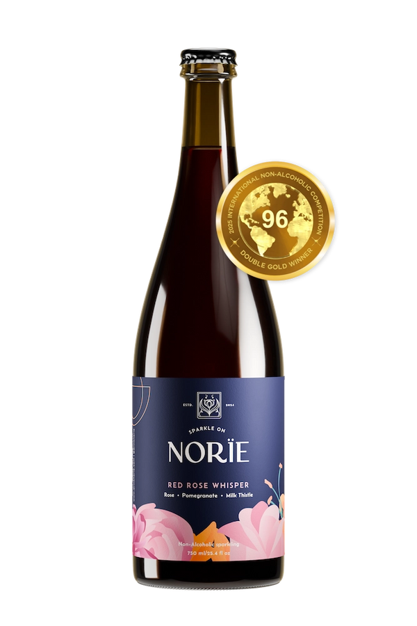 Bottle of Norïe Red Rose Whisper non-alcoholic sparkling drink with 96-point award medal