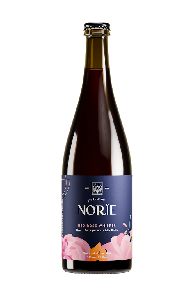 Bottle of Norïe Red Rose Whisper non-alcoholic sparkling drink with pink flower illustration on the label