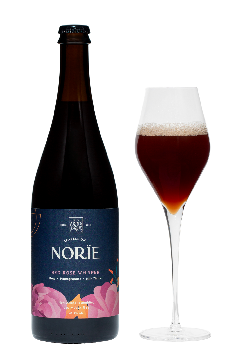 Norïe Red Rose Whisper non-alcoholic sparkling botanical drink bottle with glass