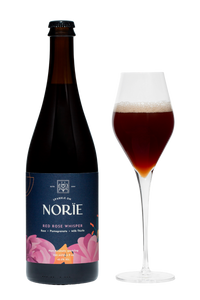 Norïe Red Rose Whisper non-alcoholic sparkling botanical drink bottle with glass
